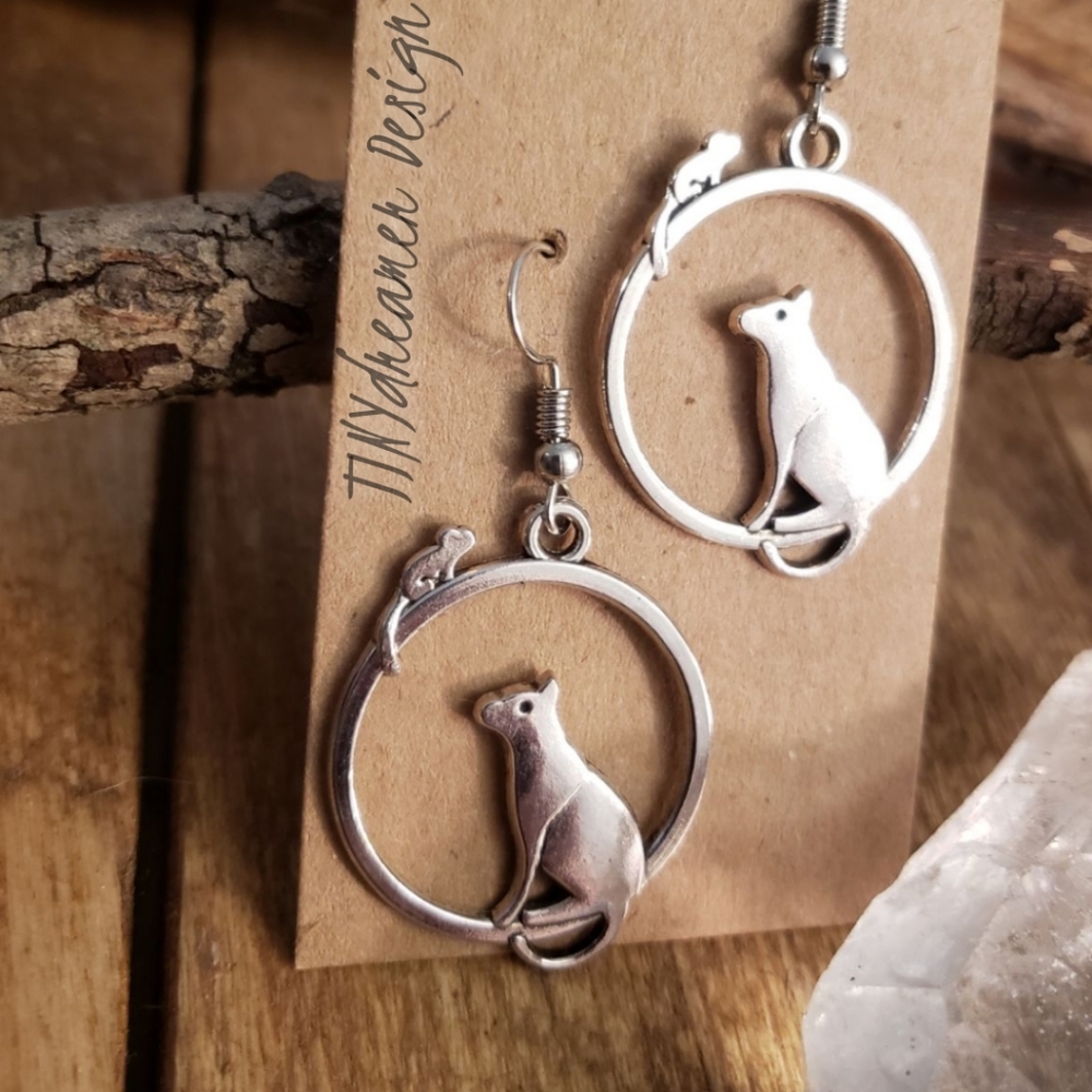 Cat earrings~Cat Mouse FuLL MOON earrings ~Witchy~Kitty Cat Jewelry Gift ideas~